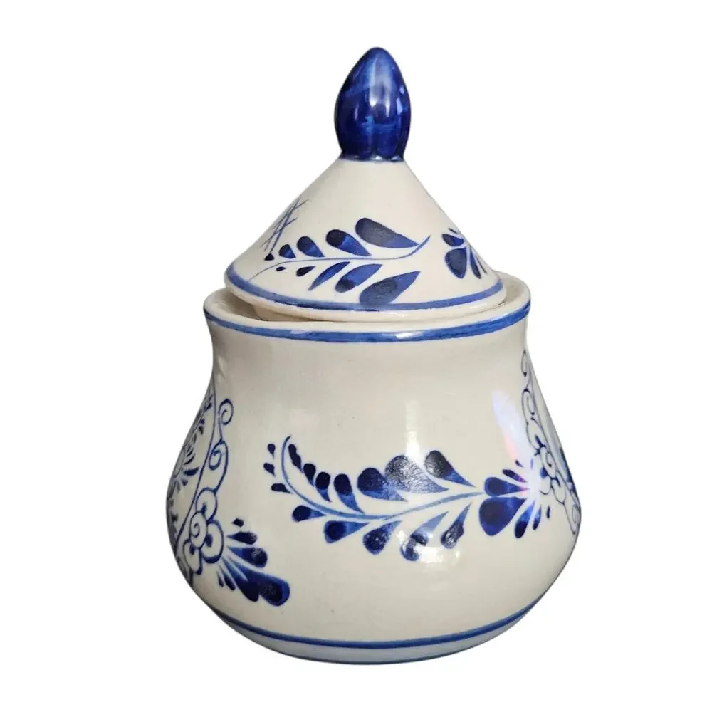 Vintage Delft Blue Holland Hand Painted Sugar Bowl Windmill Floral Lidded Jar